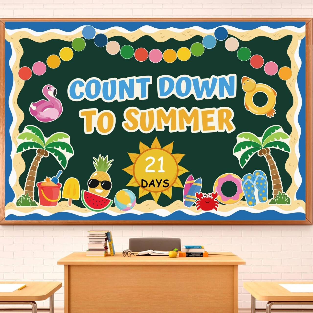 Countdown to Summer Bulletin Board Decoration Set – 81-Piece Tropical Hawaiian Luau Classroom Decor with Palm Cutouts, Borders, and Window/Door/Wall Accents
